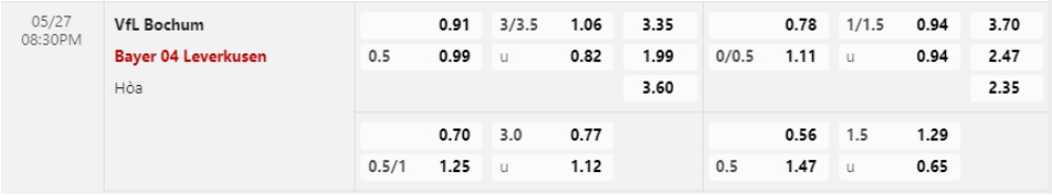 Bảng Tỷ lệ kèo bóng đá Bochum vs Bayer Leverkusen