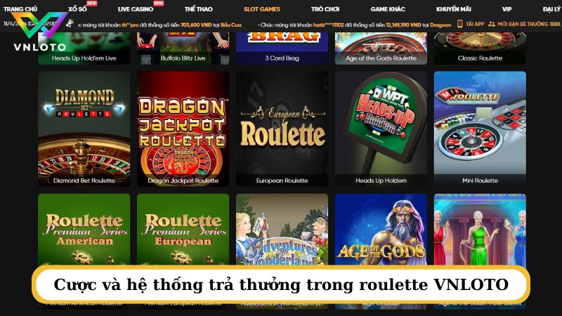 Cược và hệ thống trả thưởng trong roulette VNLOTO